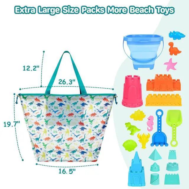 Alt view image 3 of 7 - BrainyBees Extra Large Beach Toy Bag with Drawstring - Lightweight Mesh Tote Bag for Sand Toys, Beach Swinmming Pool Essentials, Dino Green