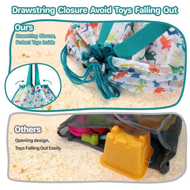 Alt view image 4 of 7 - BrainyBees Extra Large Beach Toy Bag with Drawstring - Lightweight Mesh Tote Bag for Sand Toys, Beach Swinmming Pool Essentials, Dino Green