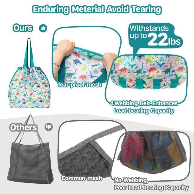 Alt view image 6 of 7 - BrainyBees Extra Large Beach Toy Bag with Drawstring - Lightweight Mesh Tote Bag for Sand Toys, Beach Swinmming Pool Essentials, Dino Green