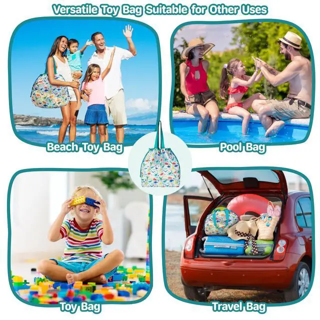 Alt view image 7 of 7 - BrainyBees Extra Large Beach Toy Bag with Drawstring - Lightweight Mesh Tote Bag for Sand Toys, Beach Swinmming Pool Essentials, Dino Green