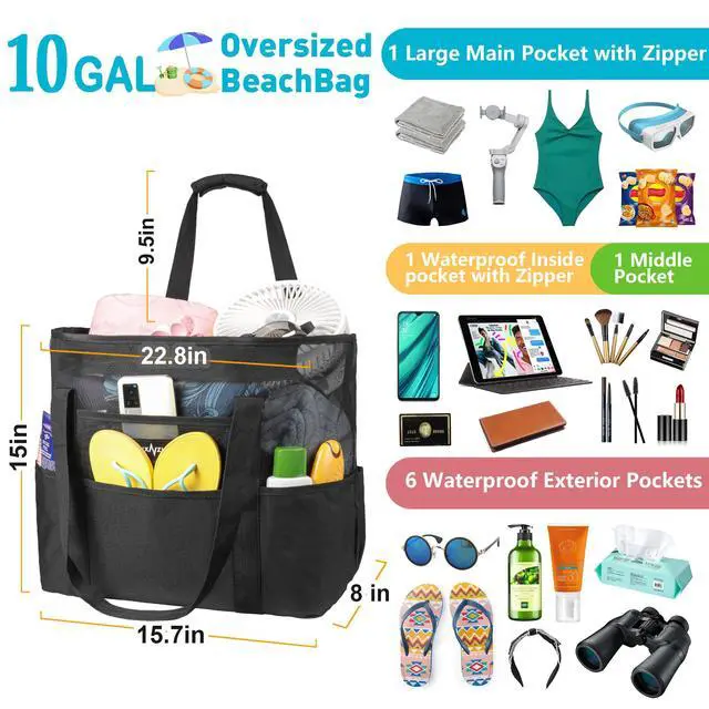 Alt view image 2 of 7 - ZUXNZUX Mesh Beach Bag - Large Waterproof Beach Tote Bag with Zipper, Oversized Foldable Lightweight Family Swim Bag Vacation