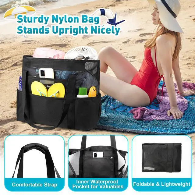 Alt view image 4 of 7 - ZUXNZUX Mesh Beach Bag - Large Waterproof Beach Tote Bag with Zipper, Oversized Foldable Lightweight Family Swim Bag Vacation