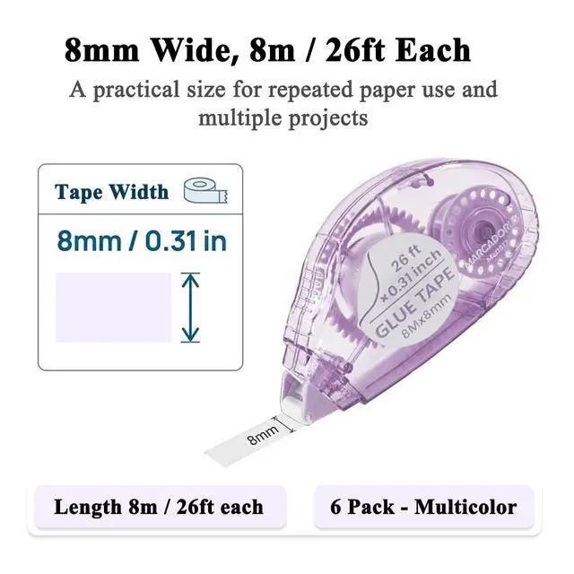 Alt view image 5 of 7 - MARCADORUS Glue Tape Roller, 6 Pack Double Sided Tape Roller for Crafts, 26ft x 0.31in Acid-Free Scrapbook Tape Runner, Glue Runner for Scrapbooking Supplies, Journaling, Card Making & Gift Wrapping.