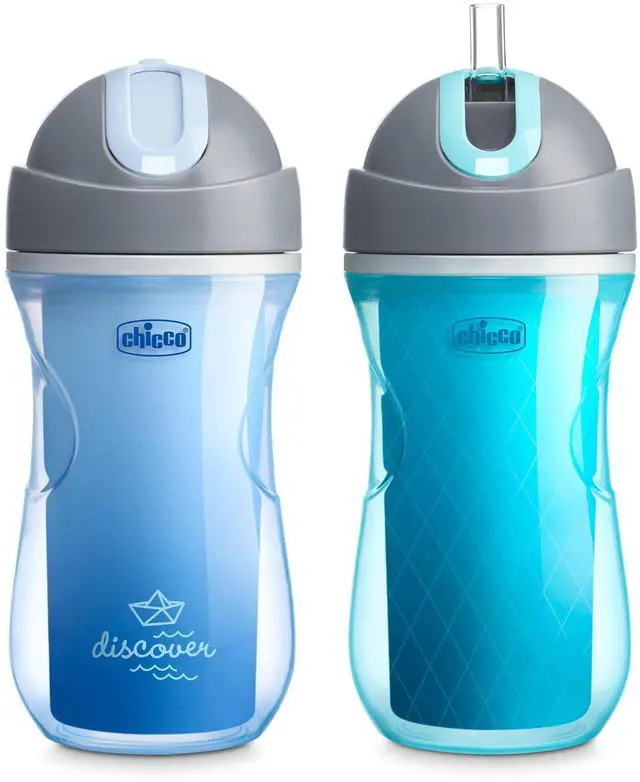 Main image of Chicco Insulated Straw Sippy Cup 12+ Months, 9oz Toddler Training Cup with Spill-Free Flip-Top Lid, BPA-Free 2-Pack, Blue Discover/Teal