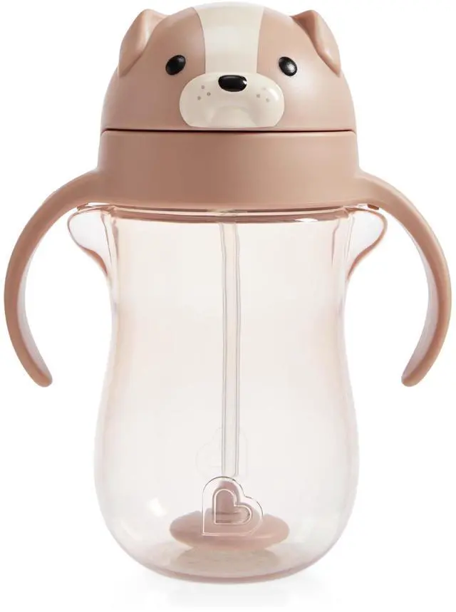 Main image of Munchkin Any Angle Spill Proof Weighted Straw Trainer Cup, Transition Sippy Cups for Toddlers and Babies, Click Lock Technology & Fun Dog Design, 10 Ounce, Brown