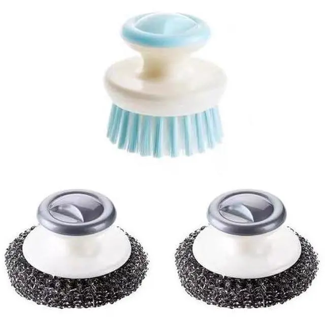 Main image of 2Pcs Stainless Steel Wool Scrubber with Handle and 1 Pcs Dish Brush,Heavy Duty Pot Scrubbers Dish Scrubber Cleaning Brush Wash for Kitchen Pots, Grills, Pans, Sink (1+2)
