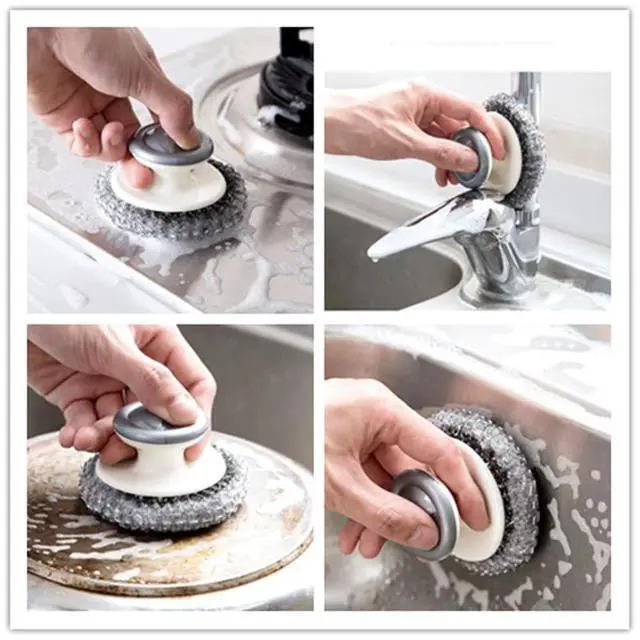 Alt view image 5 of 7 - 2Pcs Stainless Steel Wool Scrubber with Handle and 1 Pcs Dish Brush,Heavy Duty Pot Scrubbers Dish Scrubber Cleaning Brush Wash for Kitchen Pots, Grills, Pans, Sink (1+2)