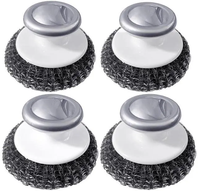 Main image of Stainless Steel Wool Scrubber with Handle, Heavy Duty Dish Scrubber, Steel Brush for Cleaning Pots, Pans, Grills, Sink (4 Pack)