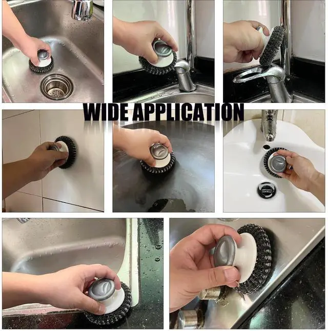 Alt view image 5 of 7 - Stainless Steel Wool Scrubber with Handle, Heavy Duty Dish Scrubber, Steel Brush for Cleaning Pots, Pans, Grills, Sink (4 Pack)