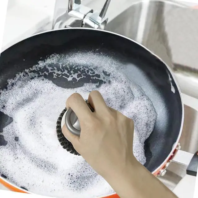 Alt view image 4 of 7 - Stainless Steel Wool Scrubber with Handle, Heavy Duty Dish Scrubber, Steel Brush for Cleaning Pots, Pans, Grills, Sink (4 Pack)