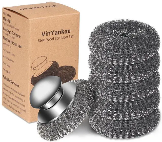 Main image of 6Pcs Steel Wool Scrubber with Replacement Wire Pads Set, Stainless Steel Scrubber with Handle for Scouring Stubborn Messes from Cast Iron, Pots, Pans, Grill, Stoves, Sink(1 Scrubber+5 Pads)