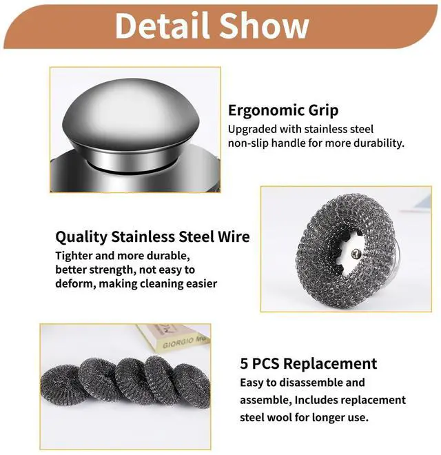 Alt view image 2 of 6 - 6Pcs Steel Wool Scrubber with Replacement Wire Pads Set, Stainless Steel Scrubber with Handle for Scouring Stubborn Messes from Cast Iron, Pots, Pans, Grill, Stoves, Sink(1 Scrubber+5 Pads)