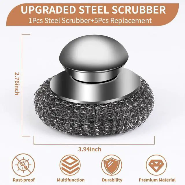 Alt view image 3 of 6 - 6Pcs Steel Wool Scrubber with Replacement Wire Pads Set, Stainless Steel Scrubber with Handle for Scouring Stubborn Messes from Cast Iron, Pots, Pans, Grill, Stoves, Sink(1 Scrubber+5 Pads)