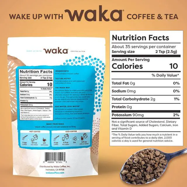 Alt view image 2 of 6 - Waka Instant Coffee, Medium Roast - 100% Arabica Colombian Beans, Freeze Dried Granules, No Sugar or Additives - Bulk Bag for Quick Hot and Iced Coffees, Up to 35 Cups (3.5oz)