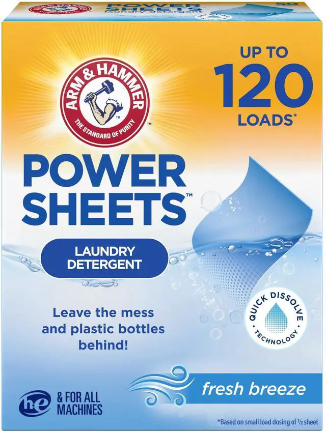 Main image of Power Sheets Laundry Detergent, Fresh Breeze Scent, Dissolves in All Wash Temps, Lightweight and Travel-Ready, 60ct, Up to 120 Small Loads