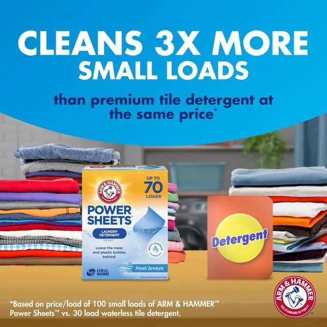 Alt view image 5 of 7 - Power Sheets Laundry Detergent, Fresh Breeze Scent, Dissolves in All Wash Temps, Lightweight and Travel-Ready, 60ct, Up to 120 Small Loads