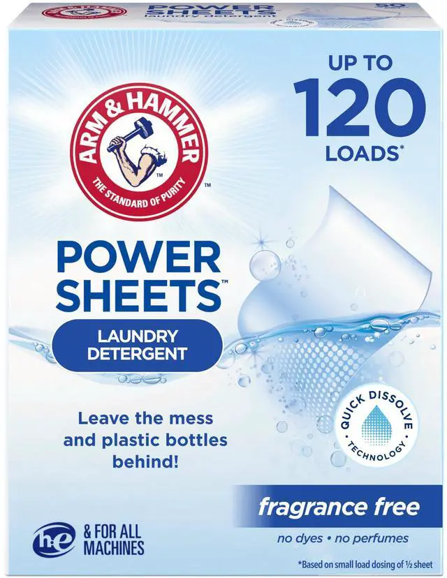 Main image of Power Sheets Laundry Detergent, Fragrance Free, No Dyes or Perfumes, Lightweight and Travel-Friendly, 60 Count, Up to 120 Small Loads