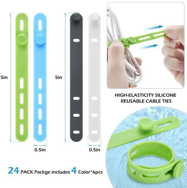 Alt view image 2 of 7 - 24 Pcs Silicone Cable Ties, Cord Organizer Ties, Cord Ties Reusable, Cord Wrap Cable Organizer 5Inch Cable Management (4 Color) Cbfoeyk