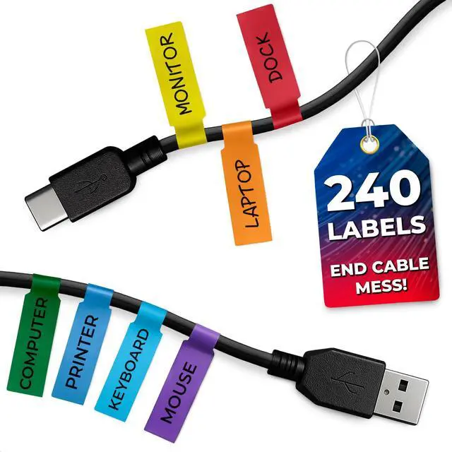 Main image of 240 PCS Cable Labels for Cords in 8 Colors - Self-Adhesive Wire Labels Tags for Cable Management | Cord Label Set for Chargers and Routers and Electronics, Wire Tags for Desk Cords and Power Adapters