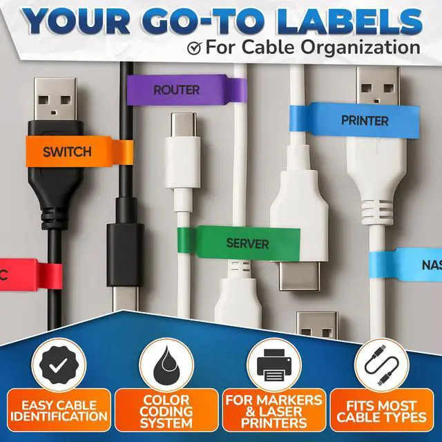 Alt view image 4 of 7 - 240 PCS Cable Labels for Cords in 8 Colors - Self-Adhesive Wire Labels Tags for Cable Management | Cord Label Set for Chargers and Routers and Electronics, Wire Tags for Desk Cords and Power Adapters