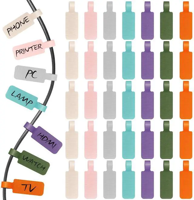 Main image of 35 Pcs Multicolored Color-Coded Nylon Cable & Cord Labels (7 Colors, 5 Each) - Reusable Hook & Loop Wire Tags, Residue-Free Ink-Proof Water-Resistant Identification Labels for Home Office Data Centers