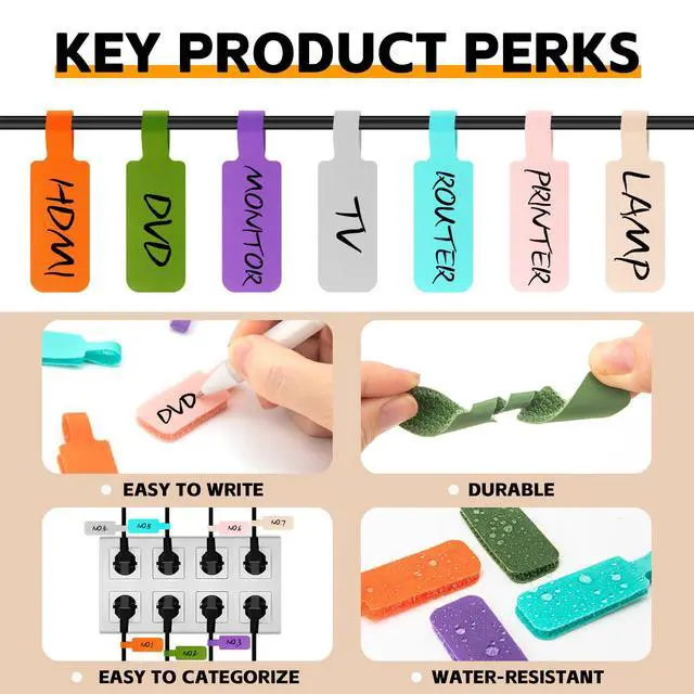 Alt view image 4 of 7 - 35 Pcs Multicolored Color-Coded Nylon Cable & Cord Labels (7 Colors, 5 Each) - Reusable Hook & Loop Wire Tags, Residue-Free Ink-Proof Water-Resistant Identification Labels for Home Office Data Centers