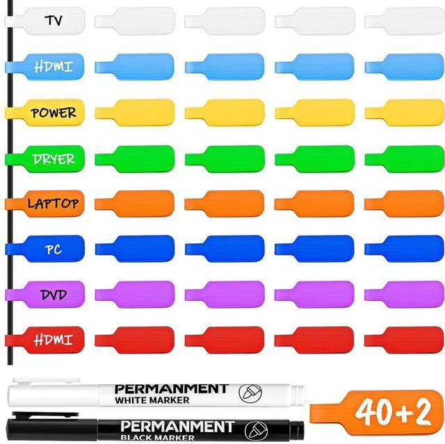 Main image of HOIGRBOM 40 Pcs Cable Labels with 2 Colors Fine Point Marker - Large Size