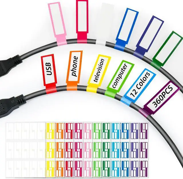 Main image of 360PCS Cable Labels, 12 Colors Waterproof Cable Tags Wire Cord Label for Electronics Cable Management, Self Adhesive Color Border Cord Labels for Laser Printer and Handwriting