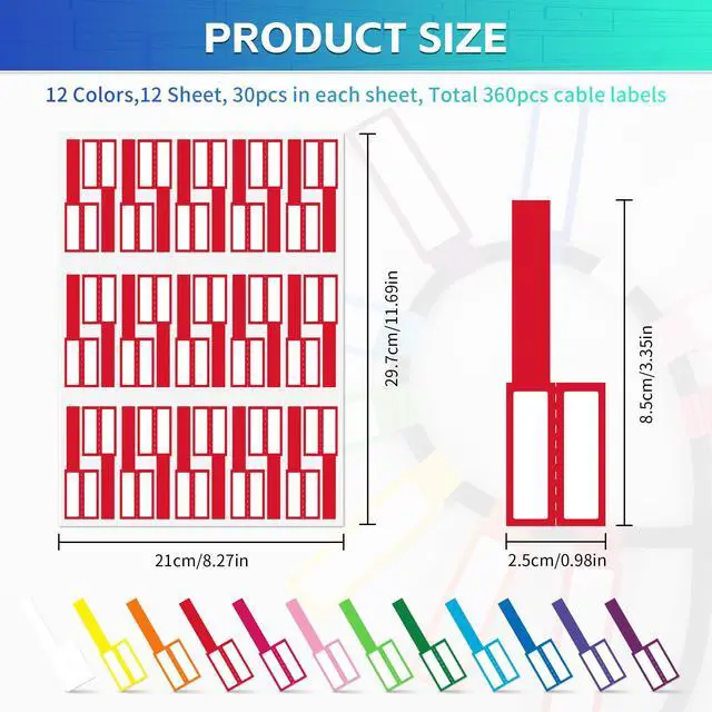 Alt view image 2 of 7 - 360PCS Cable Labels, 12 Colors Waterproof Cable Tags Wire Cord Label for Electronics Cable Management, Self Adhesive Color Border Cord Labels for Laser Printer and Handwriting