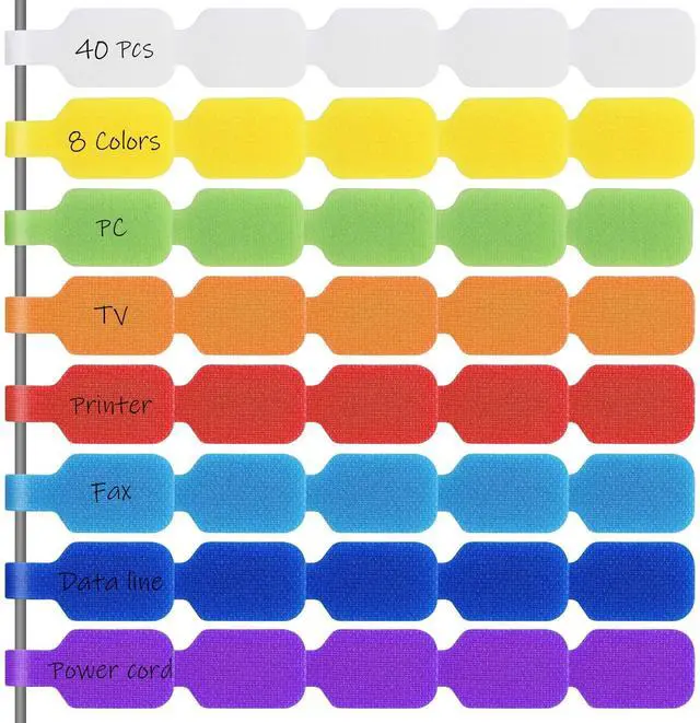 Main image of 40 Pcs Cable Cord Labels, Hianjoo Self Adhesive Cable Tags Colorful Wire Identification Label Reusable Write-on Name Tags for Organizing Wires 8 Colors Multiple Uses