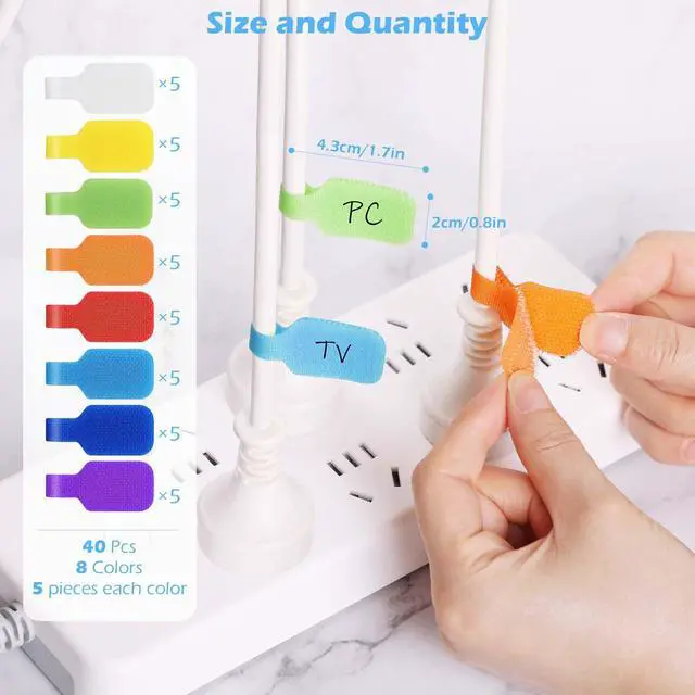 Alt view image 2 of 5 - 40 Pcs Cable Cord Labels, Hianjoo Self Adhesive Cable Tags Colorful Wire Identification Label Reusable Write-on Name Tags for Organizing Wires 8 Colors Multiple Uses