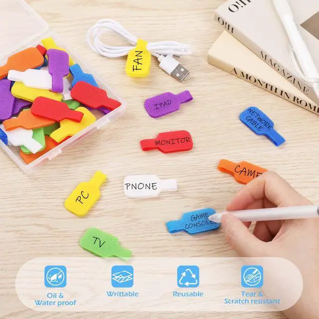 Alt view image 3 of 5 - 40 Pcs Cable Cord Labels, Hianjoo Self Adhesive Cable Tags Colorful Wire Identification Label Reusable Write-on Name Tags for Organizing Wires 8 Colors Multiple Uses