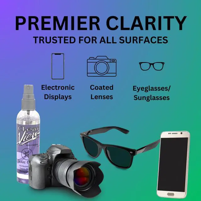 Alt view image 2 of 7 - Clear View Lens Cleaner with Microfiber Cloth, Anti-Streak Glasses Cleaner Spray, Pro-Grade Eyeglass & Sunglass Cleaner, Alcohol-Free Screen & Camera Lens Solution, Smudge-Free, 4oz