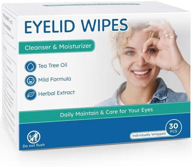 Main image of Eyelid Cleansing Wipes for Dry Eye & Blepharitis, Tea Tree Oil Hypoallergenic Eye Wipes for Sensitive Itchy Eyes, Individually Wrapped Eyelid WipesTravel Essentials (30 Count)