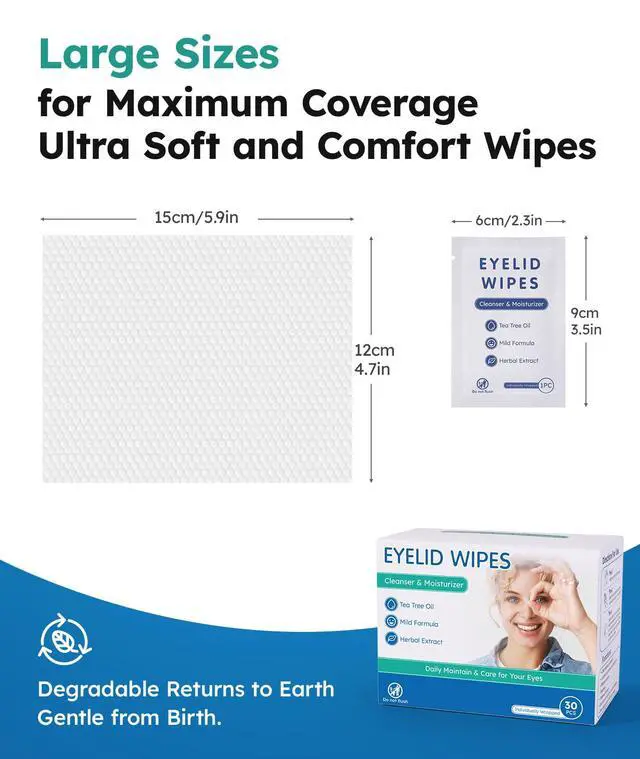 Alt view image 4 of 6 - Eyelid Cleansing Wipes for Dry Eye & Blepharitis, Tea Tree Oil Hypoallergenic Eye Wipes for Sensitive Itchy Eyes, Individually Wrapped Eyelid WipesTravel Essentials (30 Count)