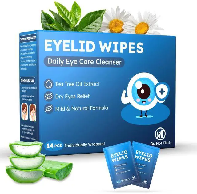 Main image of 14PCS Tea Tree Oil Eyelid Wipes for Itchy & Dry Eyes, Pre-Moistened Wipes for Styes & Blepharitis, Daily Eye Cleansing Wipes, Hypoallergenic & Soothing For Sensitive Eyes, Stay Hydrated Lid Wipes