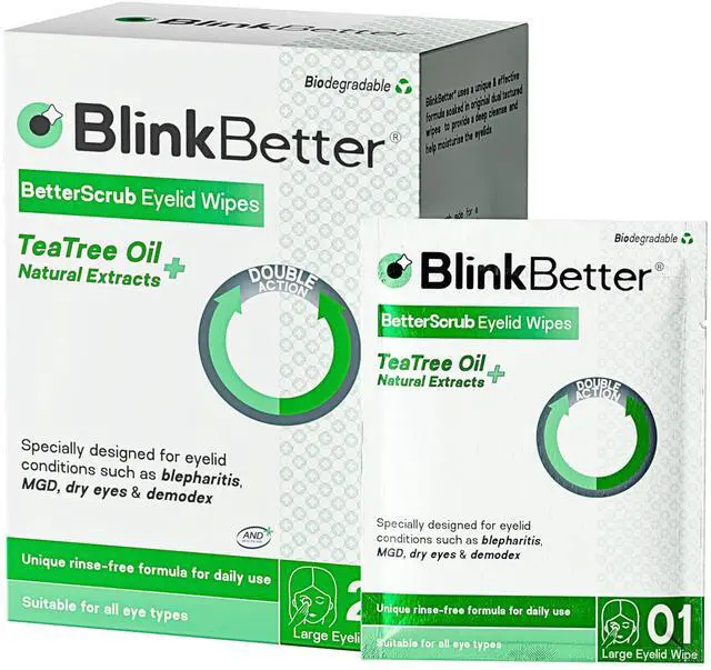 Main image of BlinkBetter Tea Tree Oil Eyelid Wipes - 20 x Natural Blepharitis, MGD & Dry Eye Relief Wipes | Cleansing, Soothing, Dual-Textured, Triple Moisture Formula | Biodegradable & Gentle (Pack of 1, 20)