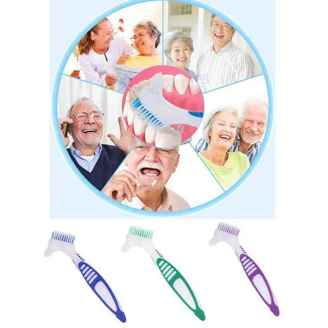 Alt view image 4 of 6 - 3 Pcs Denture Cleaning Brush Portable Cleaning Brush False Teeth Brushes for Denture Care Denture Cleaner with Multi-Layered Soft Bristles and Dual Angled