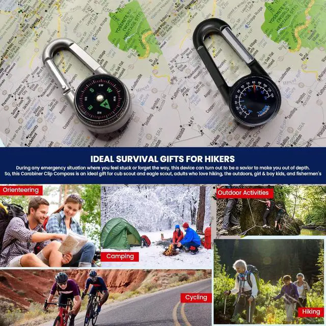 Alt view image 6 of 7 - Carabiner Clip On Compass Hiking - Compact Compass Keychain Backpacks | Small Pocket Magnetic Compass Keychain for Kids - Hiking Compass Thermometer | Keyring Keychains Outdoor Survival Camping 2 Pcs