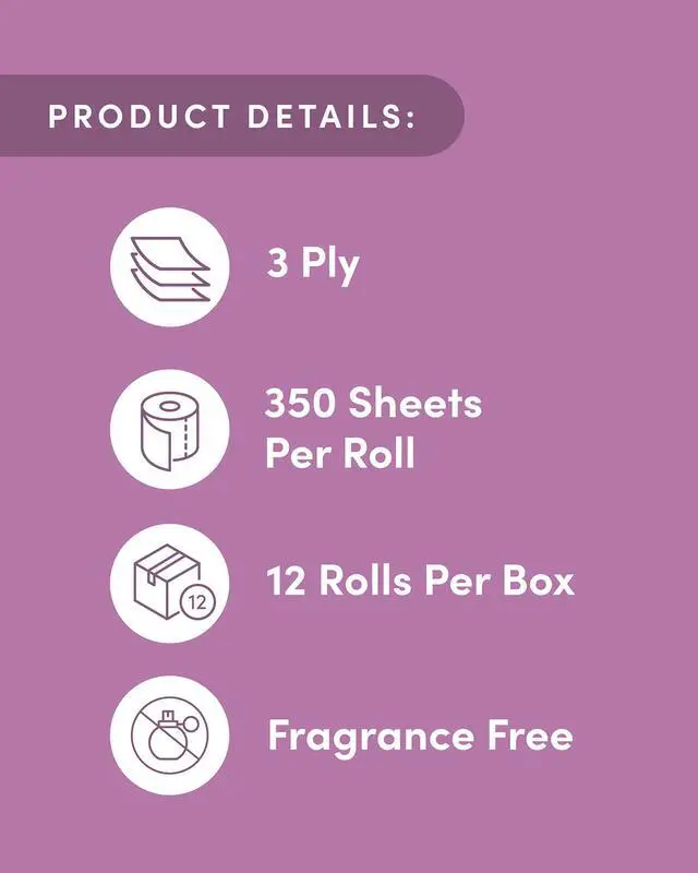 Alt view image 3 of 6 - 3-ply Bamboo Toilet Paper, Unscented, 12 Rolls, 350 Sheets per roll, Total 4200 Sheets, Plastic-Free