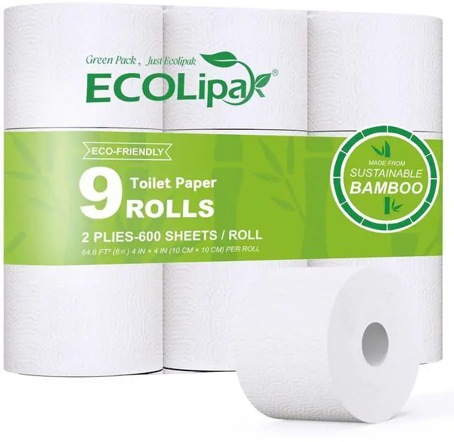 Main image of Bamboo Toilet Paper, Septic Safe Toilet Tissue, 9 Mega Rolls, 600 Sheets Per Roll, Tree Free, Non Toxic, 2 Ply, Soft and Absorbent, Eco Friendly Dye-Free Paper