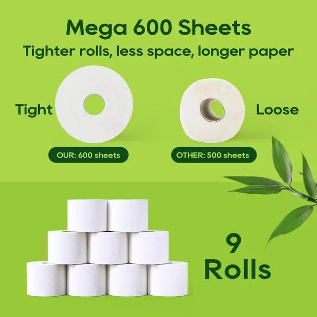 Alt view image 5 of 7 - Bamboo Toilet Paper, Septic Safe Toilet Tissue, 9 Mega Rolls, 600 Sheets Per Roll, Tree Free, Non Toxic, 2 Ply, Soft and Absorbent, Eco Friendly Dye-Free Paper