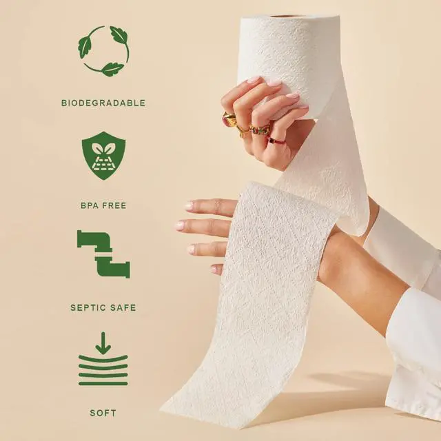 Alt view image 3 of 7 - Tree Free Toilet Paper, Septic Safe Bath Tissue, Quick Dissolving 2 Ply Sheets - 300 Sheets Per Roll, 4 Double Rolls