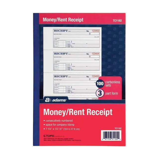 Main image of Adams Money and Rent Receipt Book, 3-Part, Carbonless, White/Canary/Pink, 7-5/8" x 10-7/8", Bound Wraparound Cover, 100 Sets per Book, 4 Receipts per Page (TC1182)