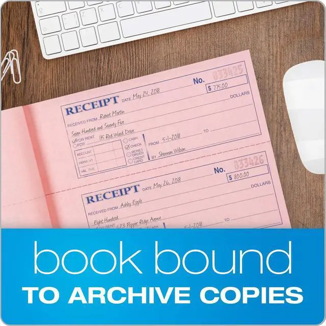 Alt view image 4 of 7 - Adams Money and Rent Receipt Book, 3-Part, Carbonless, White/Canary/Pink, 7-5/8" x 10-7/8", Bound Wraparound Cover, 100 Sets per Book, 4 Receipts per Page (TC1182)