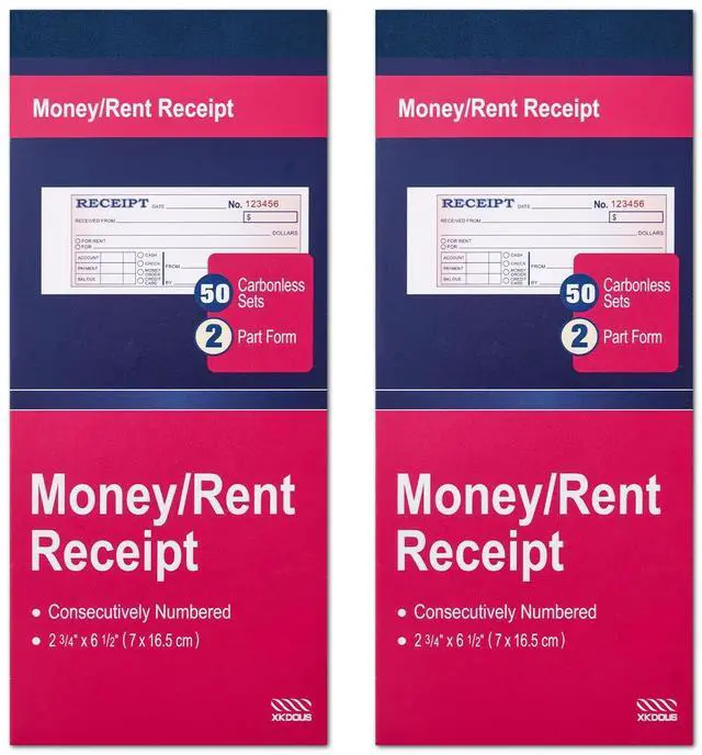 Main image of XKDOUS 2 Pack Money and Rent Receipt Book, 2-Part Carbonless, 2-3/4" x 6-1/2" Receipt Book for Small Business, 50 Sets per Book