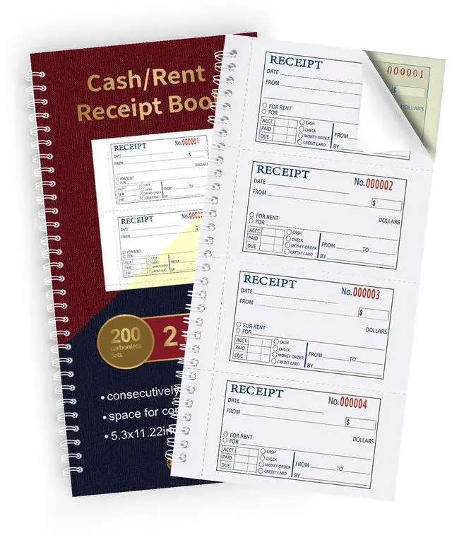 Main image of Zzrywuty Money and Rent Receipt Book with Cardboard Insert,2-Part Carbonless,5.3x11.2 Spiral Bound,200 Sets per Book,4 Receipts per Page for Office Supplier,Rent and Cash Transaction