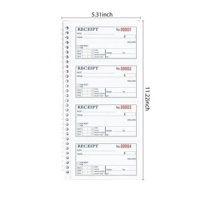 Alt view image 2 of 6 - Zzrywuty Money and Rent Receipt Book with Cardboard Insert,2-Part Carbonless,5.3x11.2 Spiral Bound,200 Sets per Book,4 Receipts per Page for Office Supplier,Rent and Cash Transaction