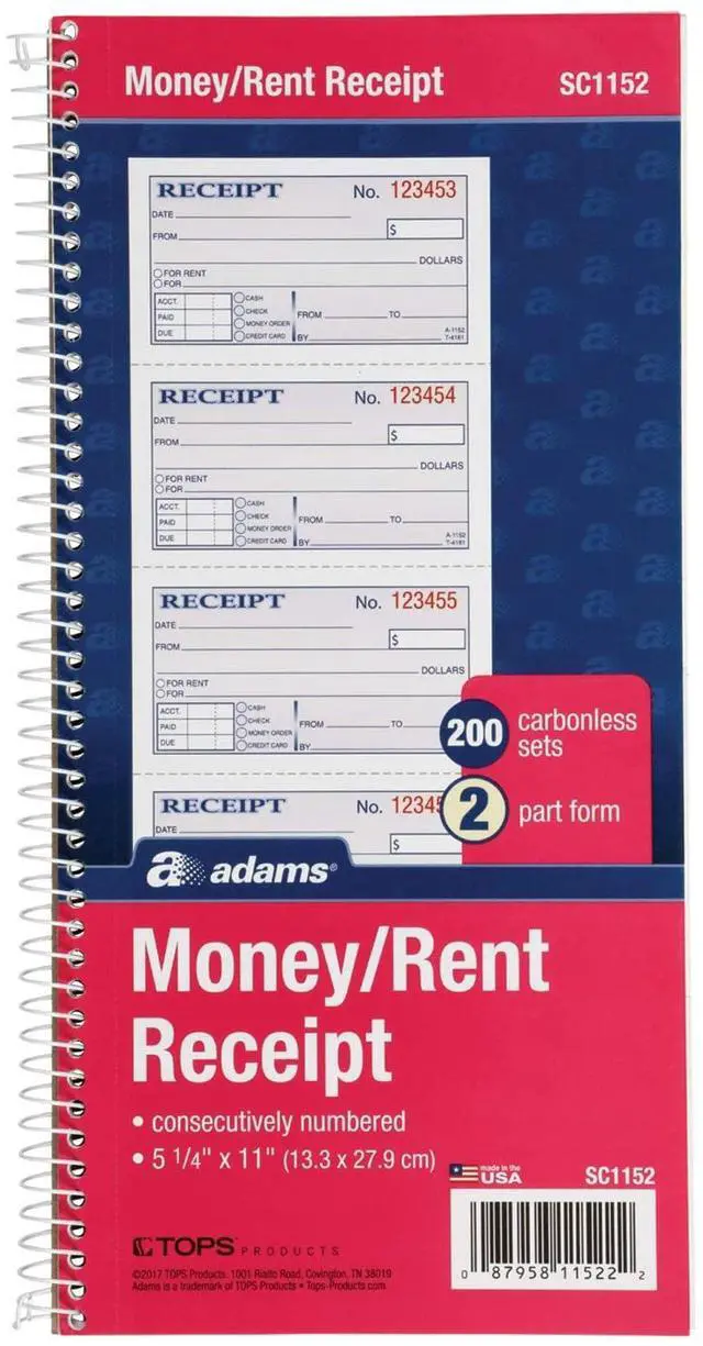 Main image of Adams Money and Rent Receipt Book, 2-Part Carbonless, 5-1/4" x 11", Spiral Bound, 200 Sets per Book, 4 Receipts per Page (SC1152)