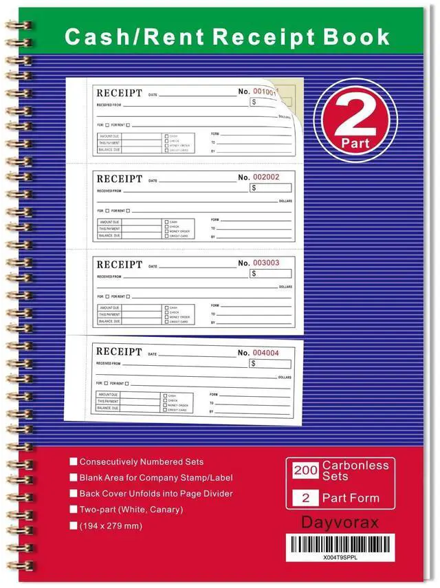 Main image of Money and Rent Receipt Books - Receipt Book with 2 Part Carbonless Copies, 7-5/8" x 11", Wraparound Cover, Spiral Bound 200 Sets per Book, 4 Receipts per Page (1 Pack
